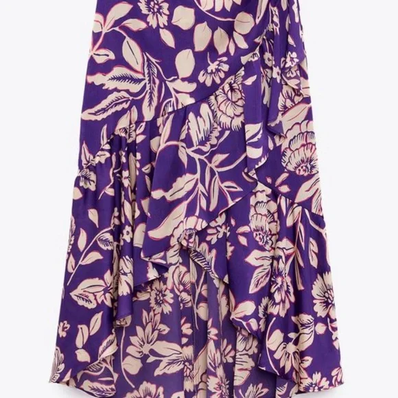 Zara Purple Floral High - Lo Midi Skirt XS - Picture 2 of 4